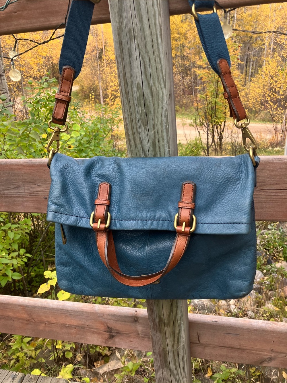 Blue Leather Crossbody Satchel with Brown Trim
